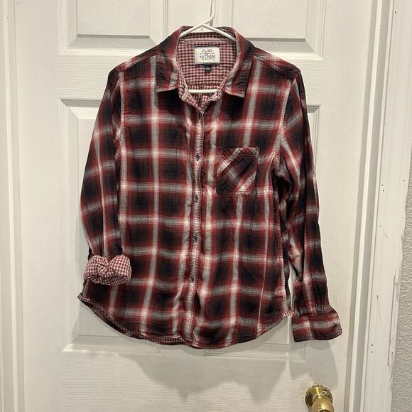 FLAG & ANTHEM Shirt Womens Large Cotton Plaid Button‎ Front Long Sleeve Red - Picture 1 of 10
